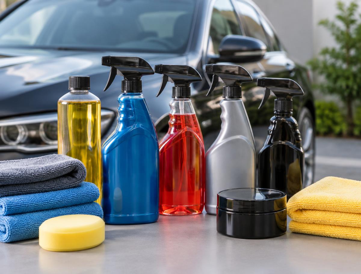 Conjunto de produtos para limpeza e cuidado automóvel